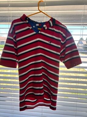 Tommy Hilfiger Red, Navy & White Striped Polo Size Large